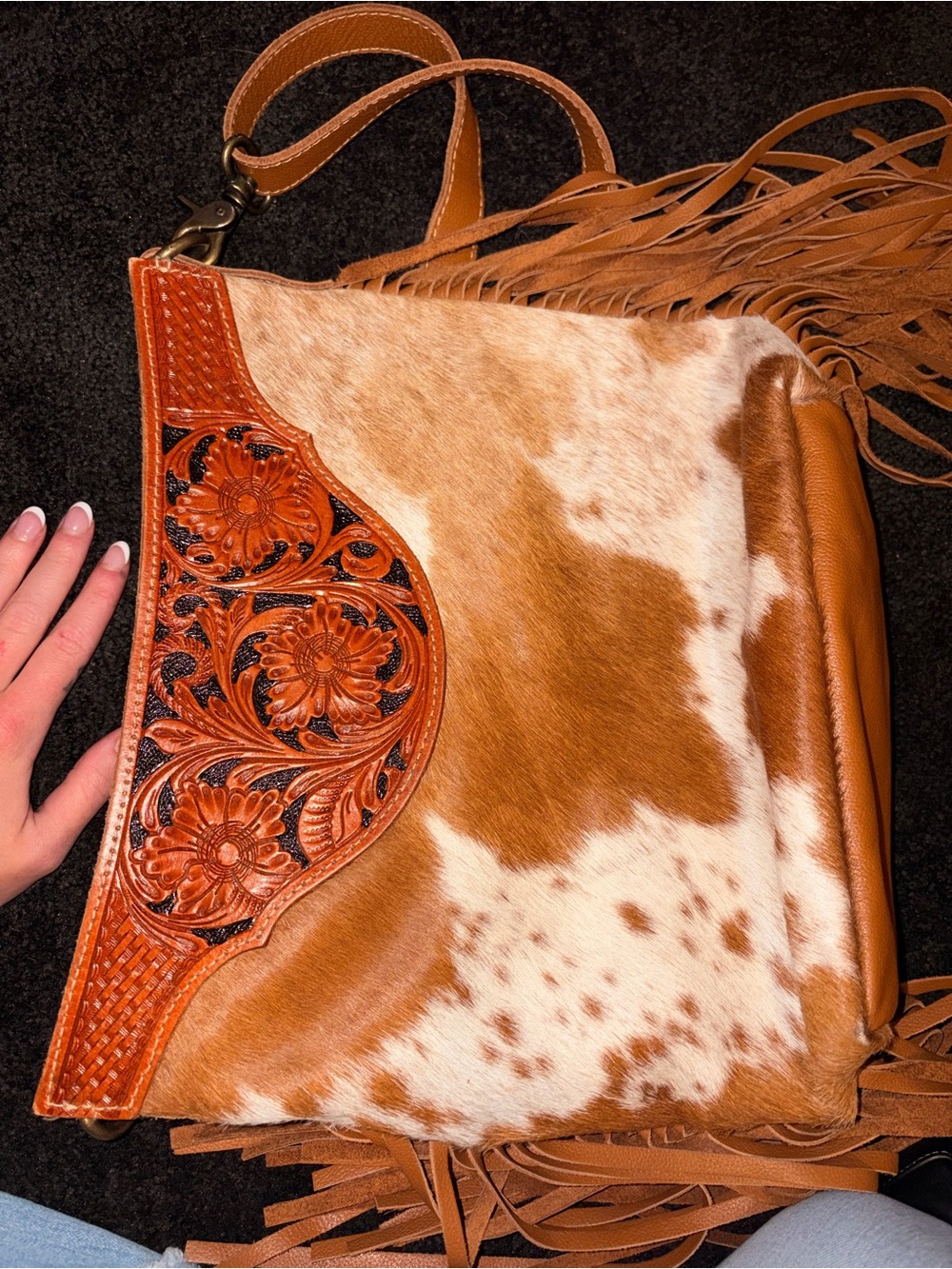 Fringed Cowhide Myra Crossbody Bag in Tan & White